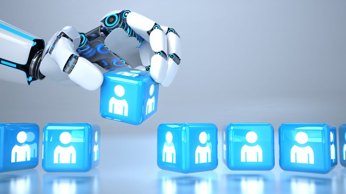 Robot Hand Cube Human AI-Powered Managed Services Staffing Strategy
