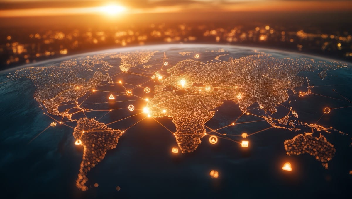 Global business expanding horizons with international CRM development, showcasing interconnected markets, diverse teams, and innovative strategies for growth and customer relationship management. rapid technical staffing