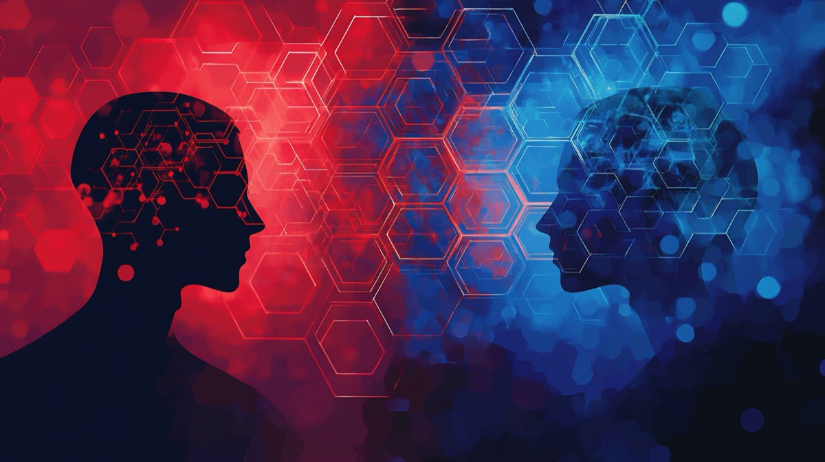 Two opposing silhouettes of heads with contrasting red and blue backgrounds, representing conflict or duality. IT staff augmentation, staff augmentation services