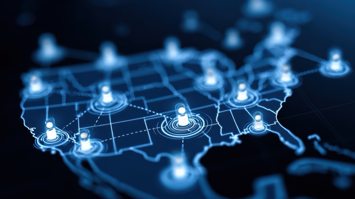 business people human resources social network and technology concept contacts icons and usa or america map over dark blue background no logos no brands ar 169 Image of distributed operations such as a multistate IT operations or HR staffing services.