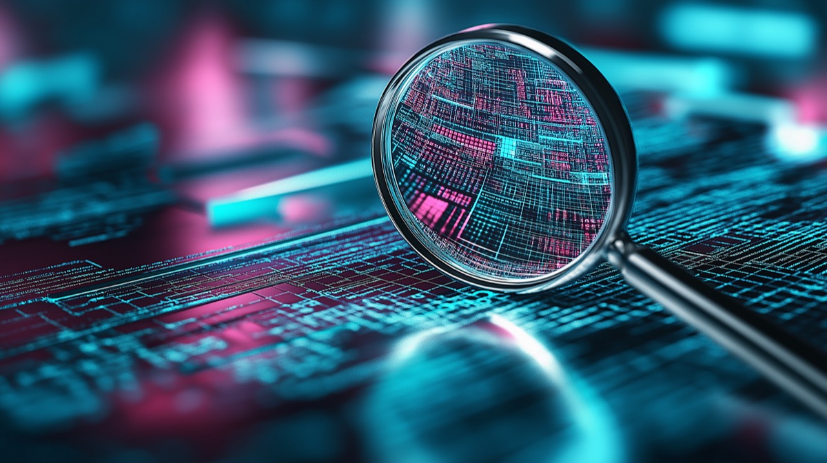 Magnifying glass exploring abstract digital data stream: cybersecurity and software development concept Image of magnifying glass expressing concept of examining cost factors and enterprise cybersecurity gaps.