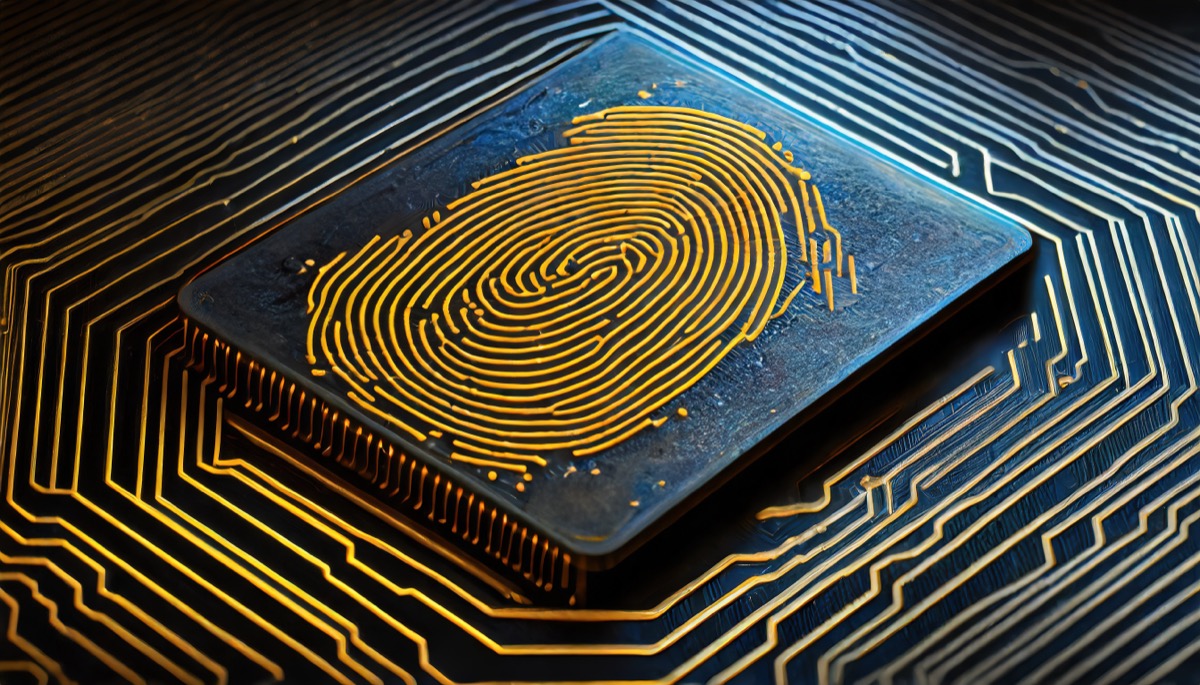 Close-up of digital fingerprint on a futuristic circuit board representing biometric data and cybersecurity concept enterprise cybersecurity gaps